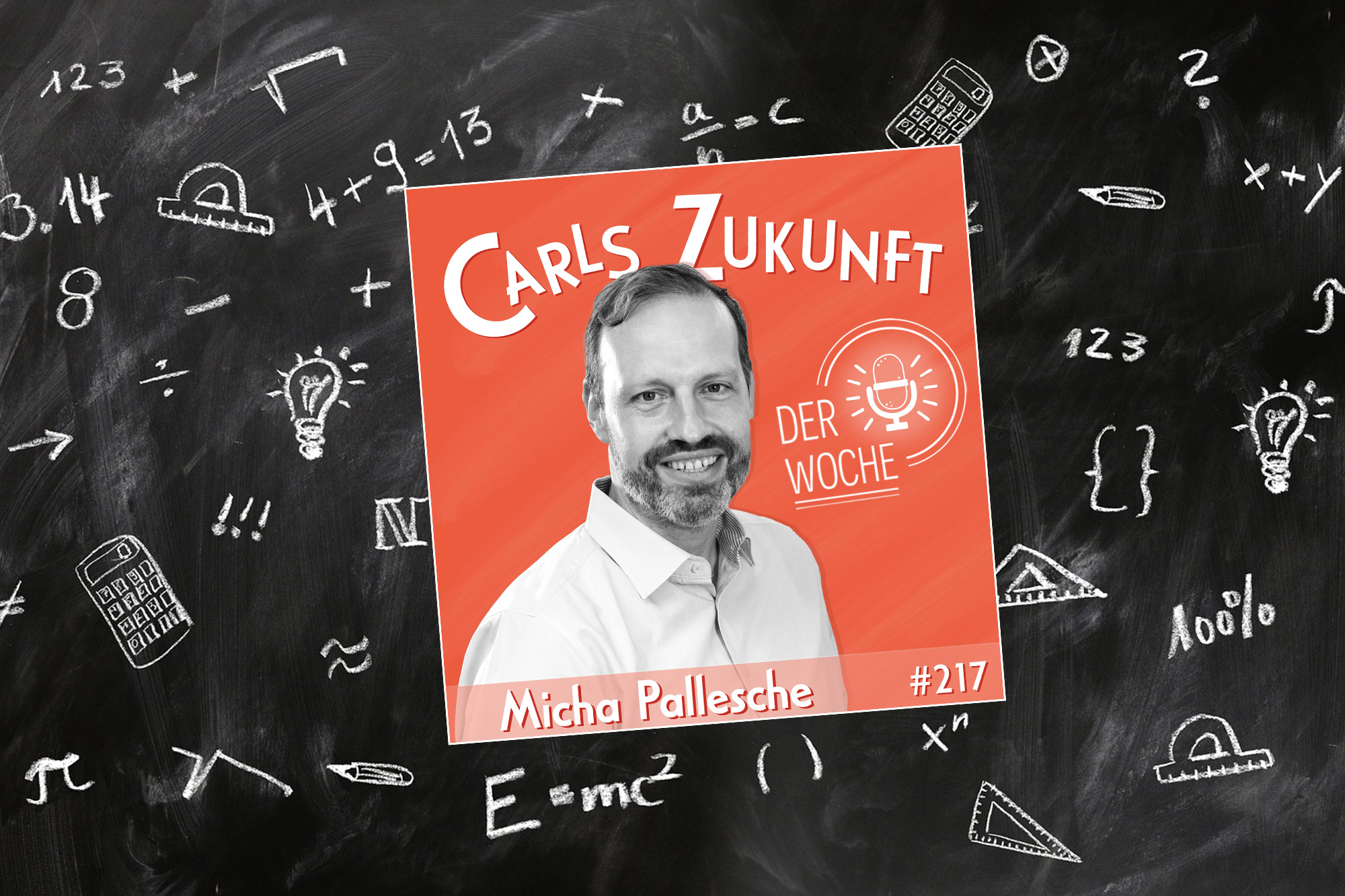 Podcast-Cover vor einer Schultafel mit mathematischen Formeln.