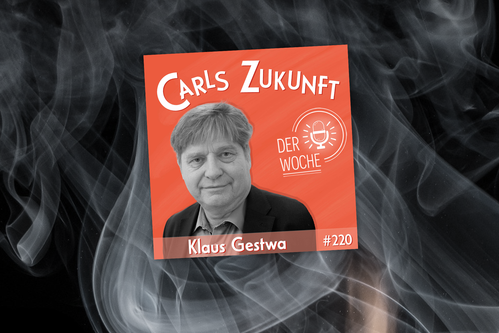 Podcast-Cover und ein Porträt von Klaus Gestwa auf einem orangefarbenen Hintergrund.