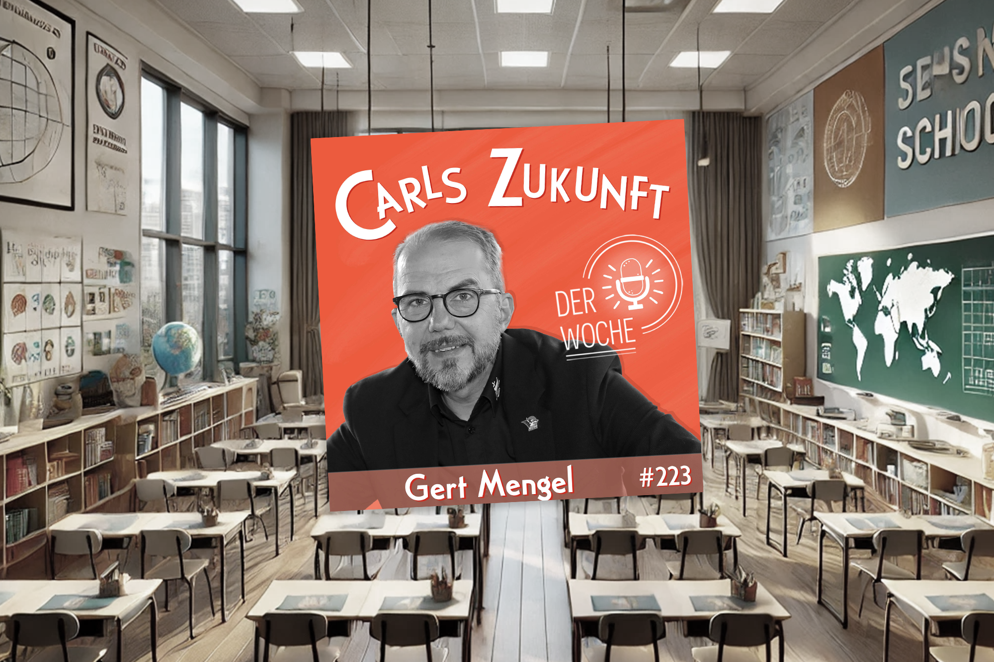 Ein leeres Klassenzimmer mit dem Podcast-Cover auf dem Gert Mengel zusehen ist.